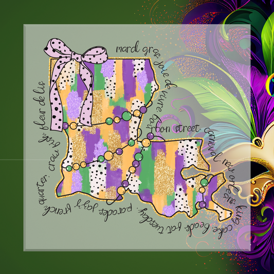 Colorful Mardi Gras-themed map of New Orleans with decorative elements on a green background.