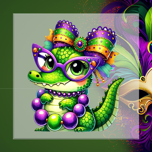 Colorful cartoon crocodile with Mardi Gras decorations on a green background