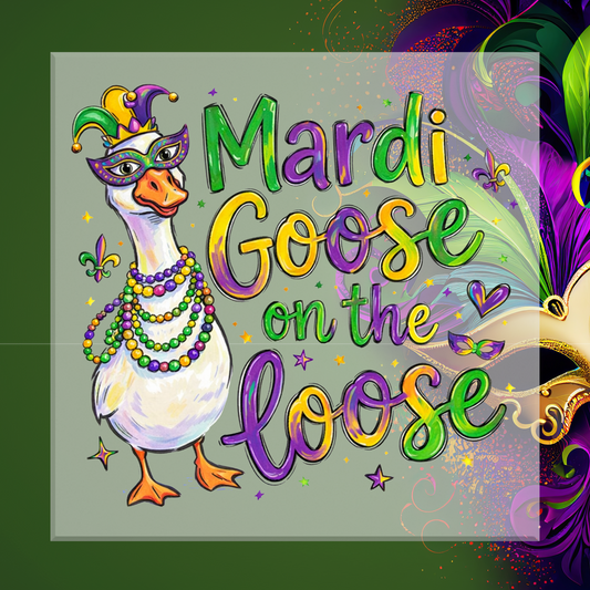 Mardi Gras-themed illustration of a goose wearing a mask and beads with text 'Mardi Goose on the Loose' on a colorful background.