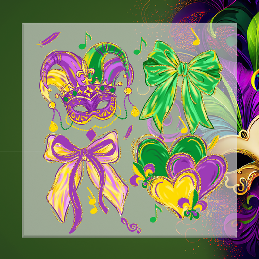 Decorative design with Mardi Gras-themed elements including a mask, bows, and flowers on a green background.