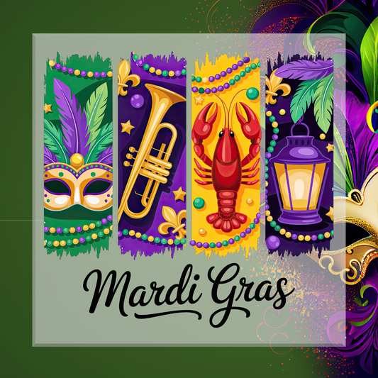 Mardi Gras-themed design with colorful elements on a green background