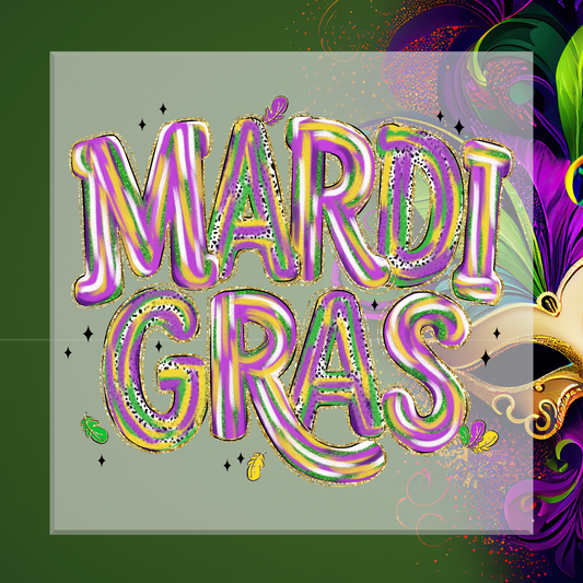 Mardi Gras text with colorful letters and a mask on a green background