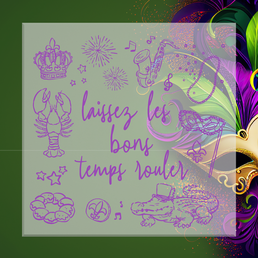 Decorative design with Mardi Gras elements and text on a green background