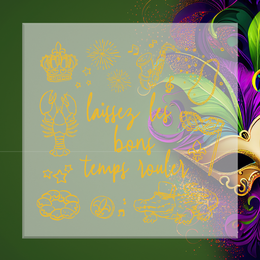 Decorative design with Mardi Gras elements and text on a green background