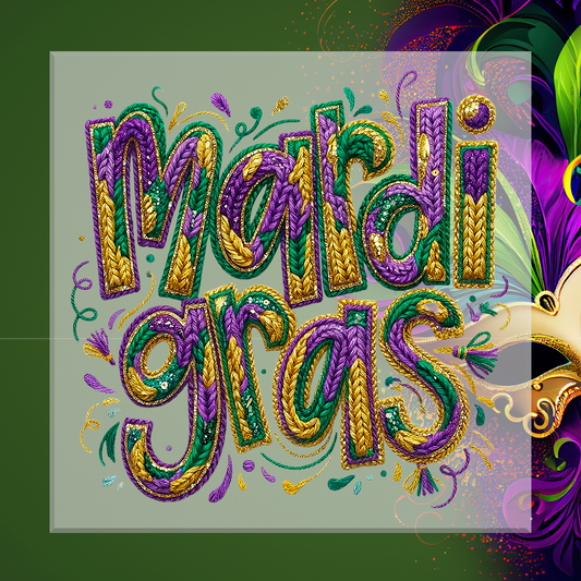Colorful 'Mardi Gras' text with decorative elements on a green background