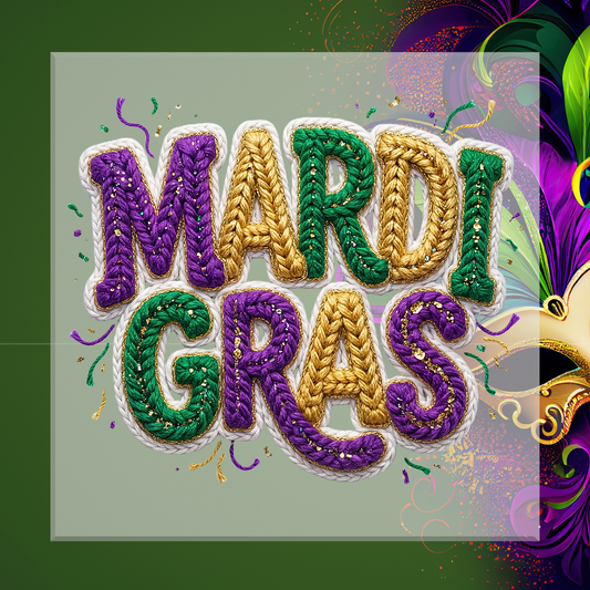Mardi Gras text in purple, gold, and green with festive decorations on a green background