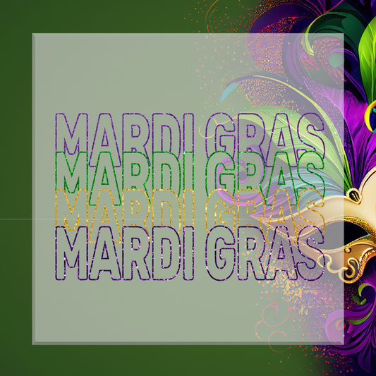 Mardi Gras text in purple, green, and gold with a mask on a green background