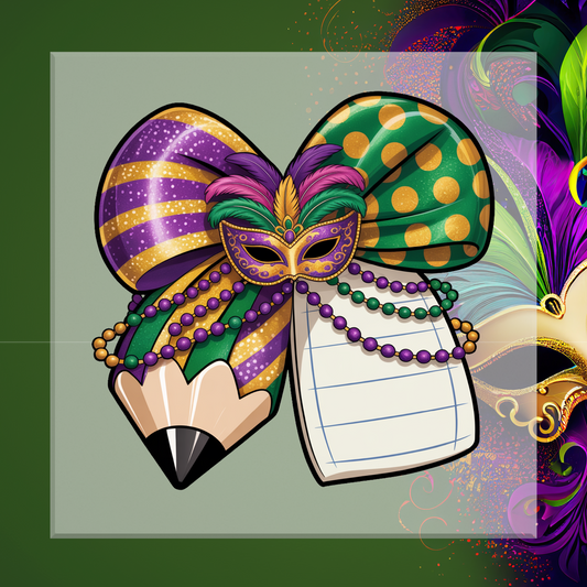 Mardi Gras-themed design with mask, beads, and bow on a green background