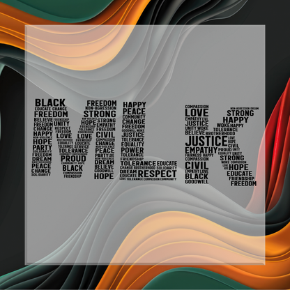 Colorful abstract design with text about Martin Luther King Jr on a gray background