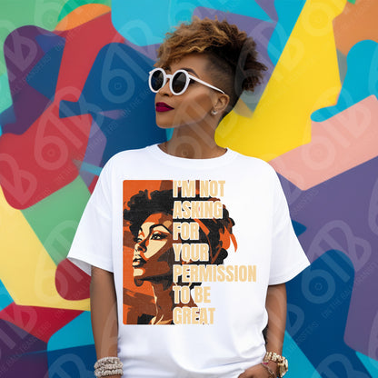 Person wearing a white t-shirt with a graphic and text, standing against a colorful abstract background