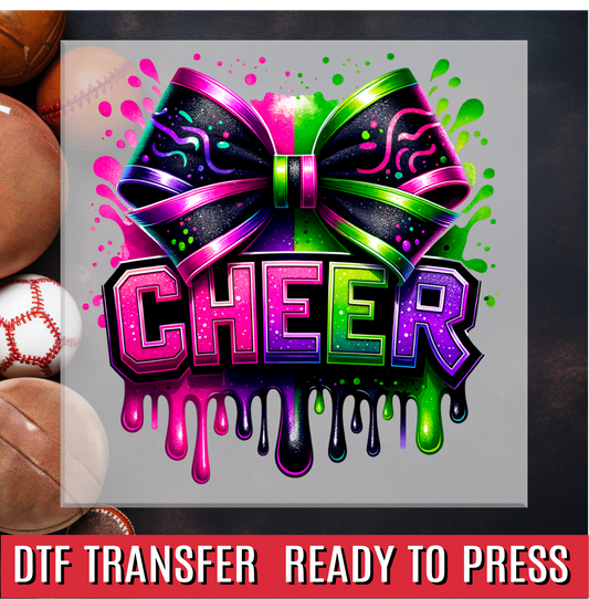 Cheer Bow Faux Glitter Pink Green Purple DTF Transfer