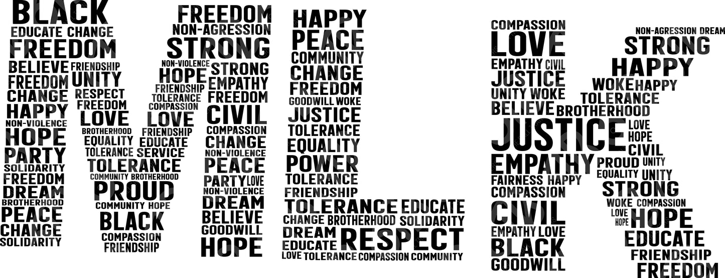 Black and white text collage with various words about Martin Luther King Jr on a black background