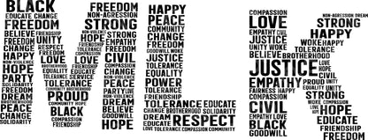 Black and white text collage with various words about Martin Luther King Jr on a black background