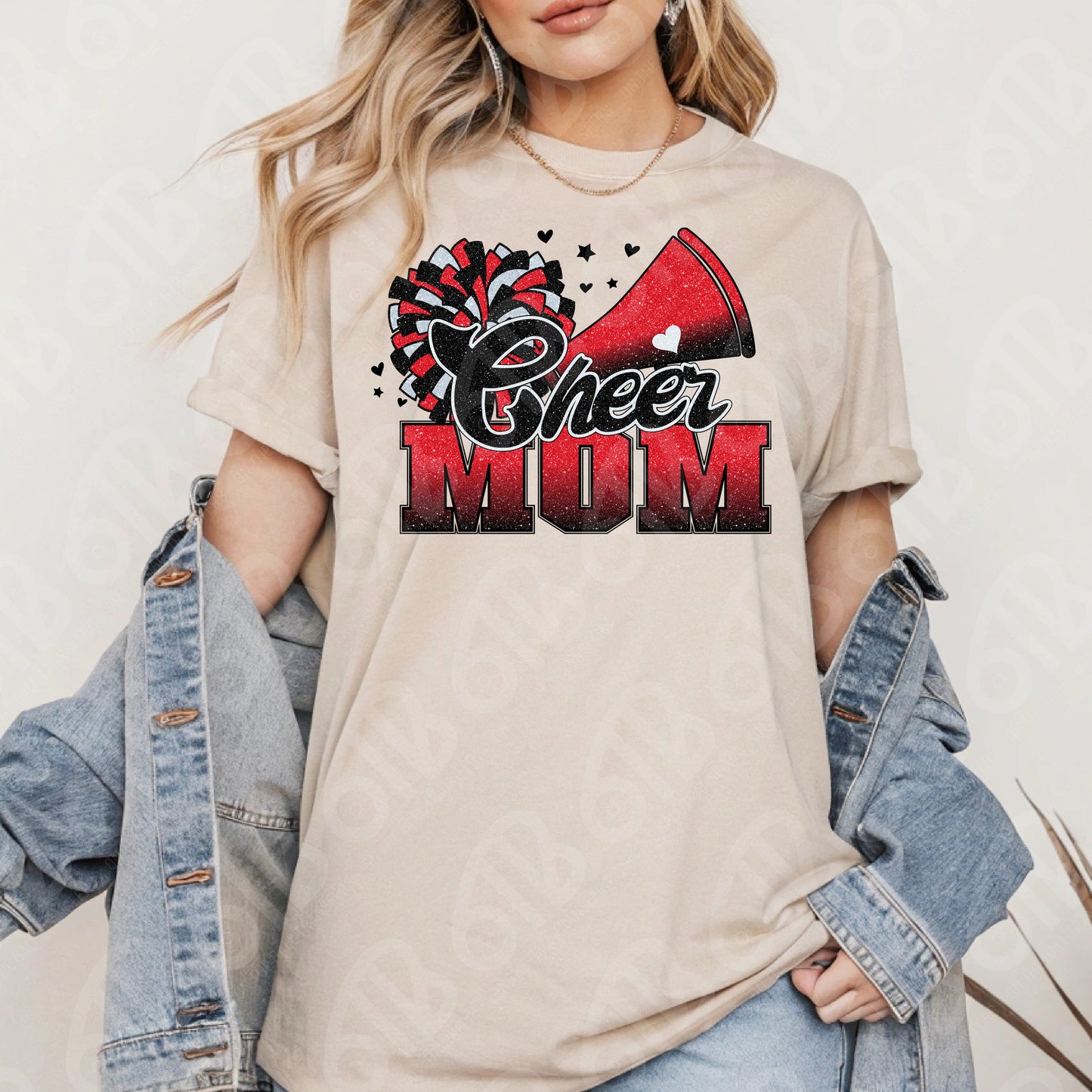 Cheer Mom Black and Red Faux Glitter DTF Transfer