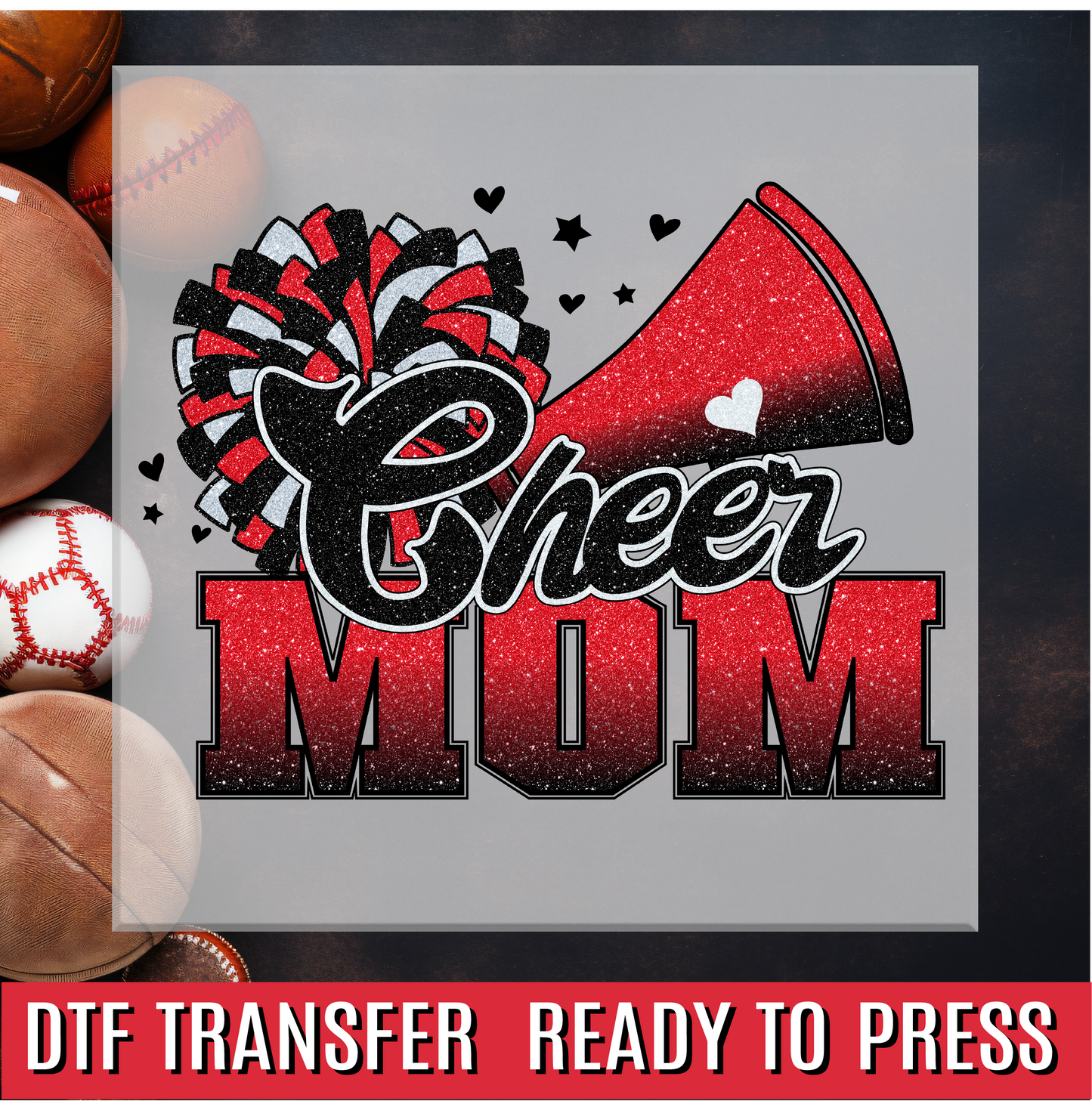 Cheer Mom Black and Red Faux Glitter DTF Transfer