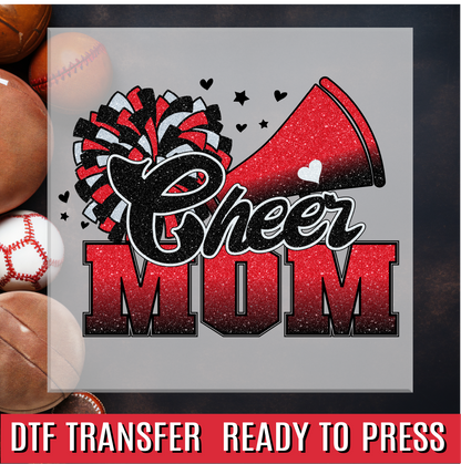 Cheer Mom Black and Red Faux Glitter DTF Transfer