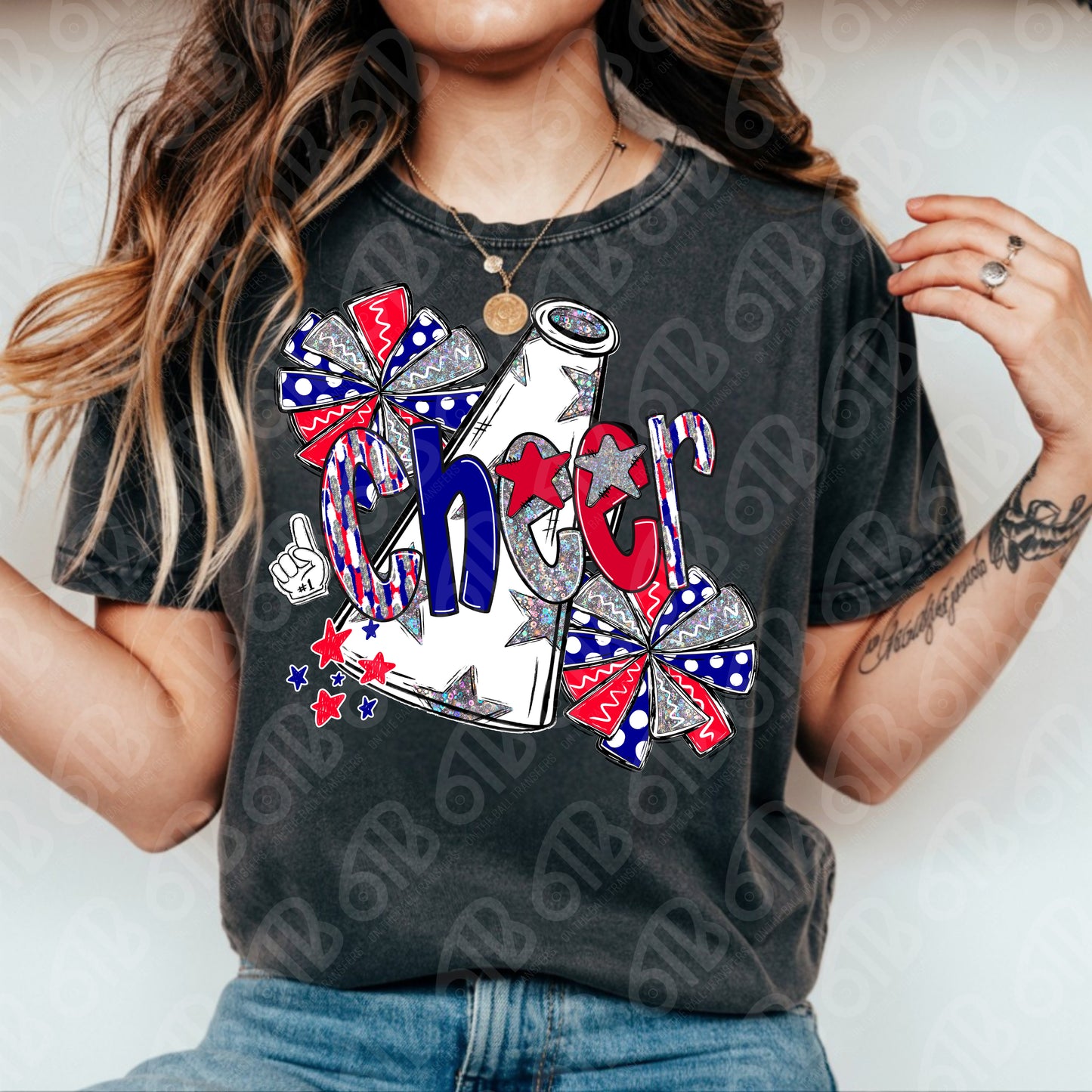 Red White Blue Cheer Doodle DTF Transfer