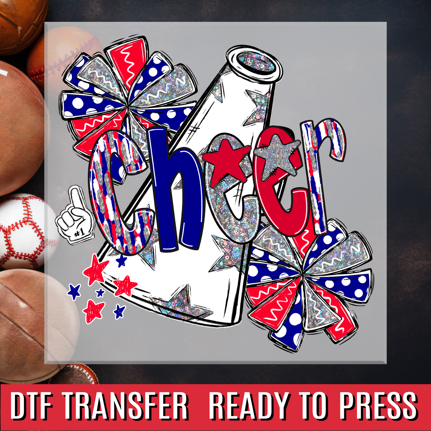 Red White Blue Cheer Doodle DTF Transfer