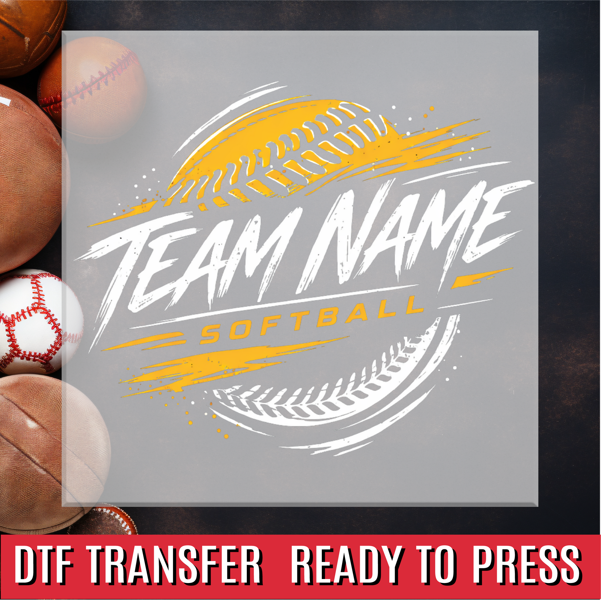 Team name softball design with sports balls in the background