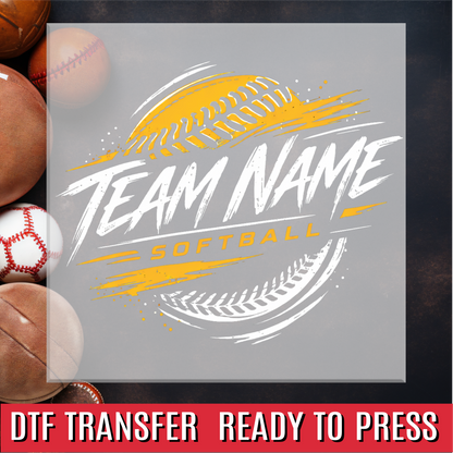 Team name softball design with sports balls in the background