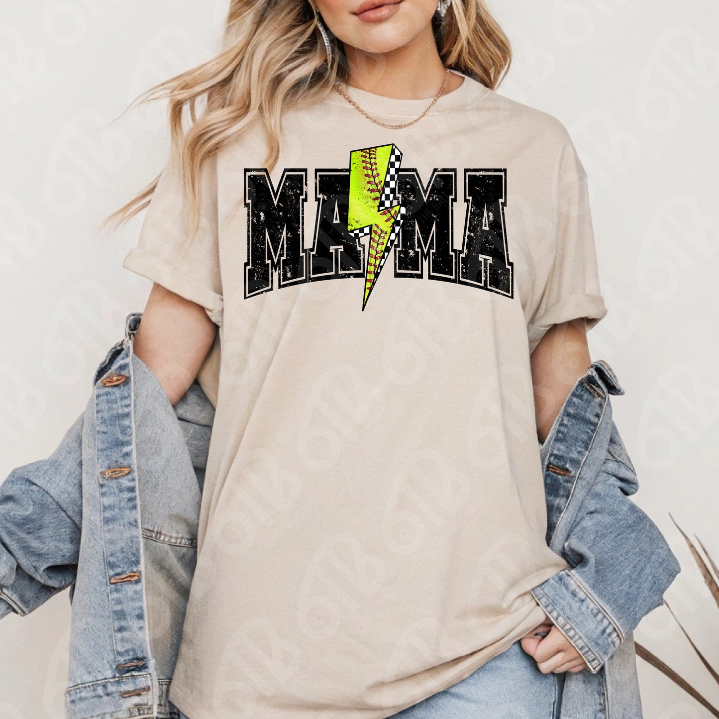 Mama Softball Lightning Bolt Grunge DTF Transfer