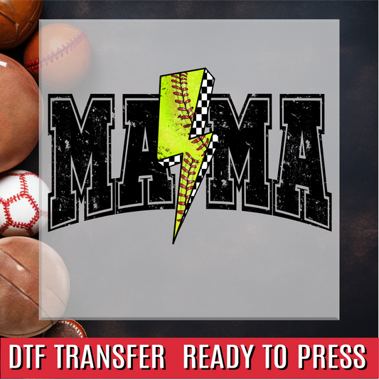 Mama Softball Lightning Bolt Grunge DTF Transfer