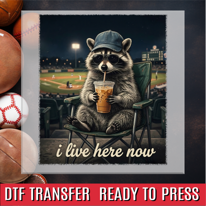 I Live Here Now Raccoon DTF Transfer
