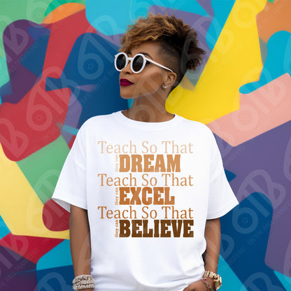 Person wearing a white t-shirt with motivational text in front of a colorful abstract background