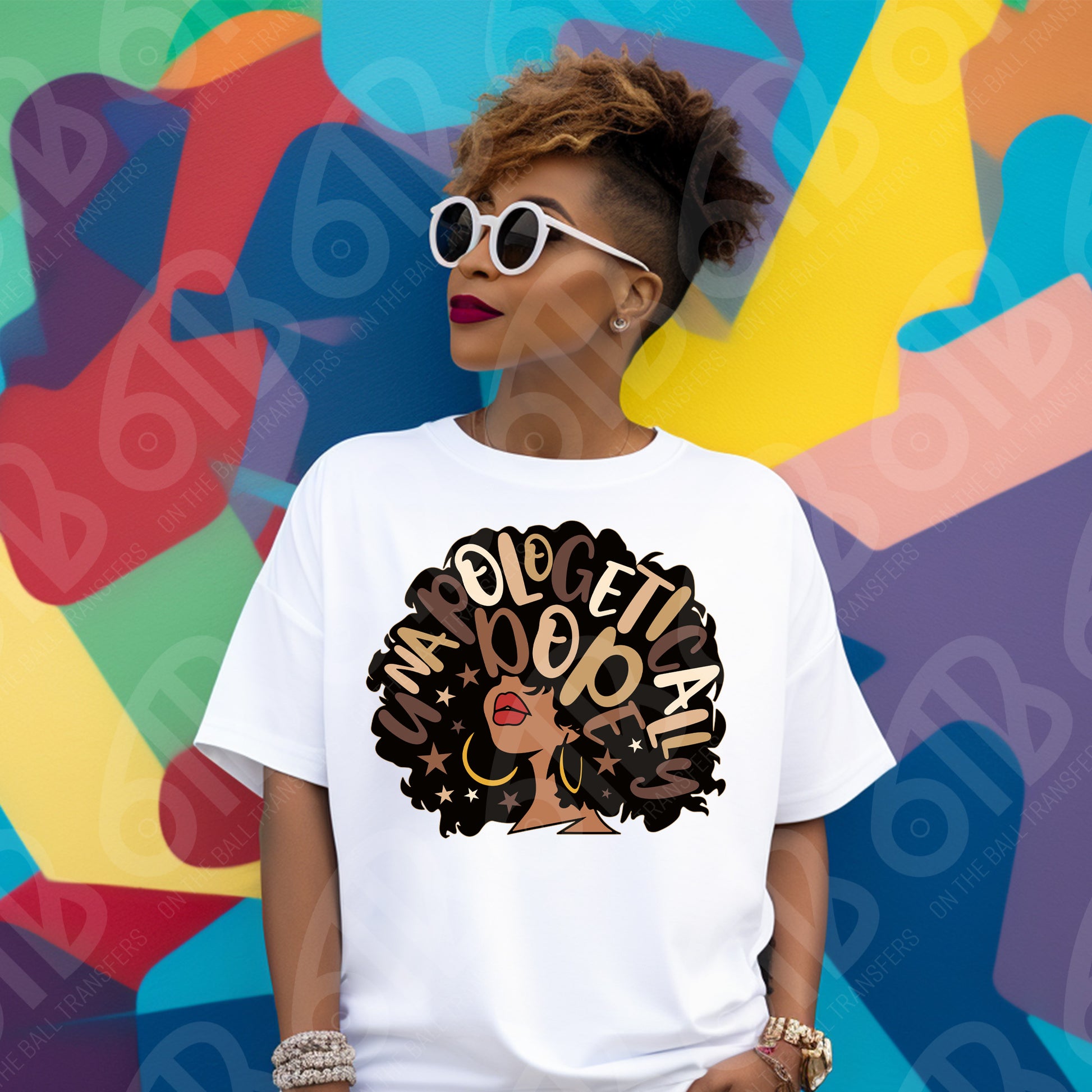 Person wearing a white t-shirt with a graphic design saying "unapologetically dope" in front of a colorful abstract background