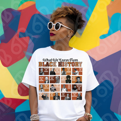 Person wearing a white t-shirt with 'What We Learn From Black History' design against a colorful abstract background