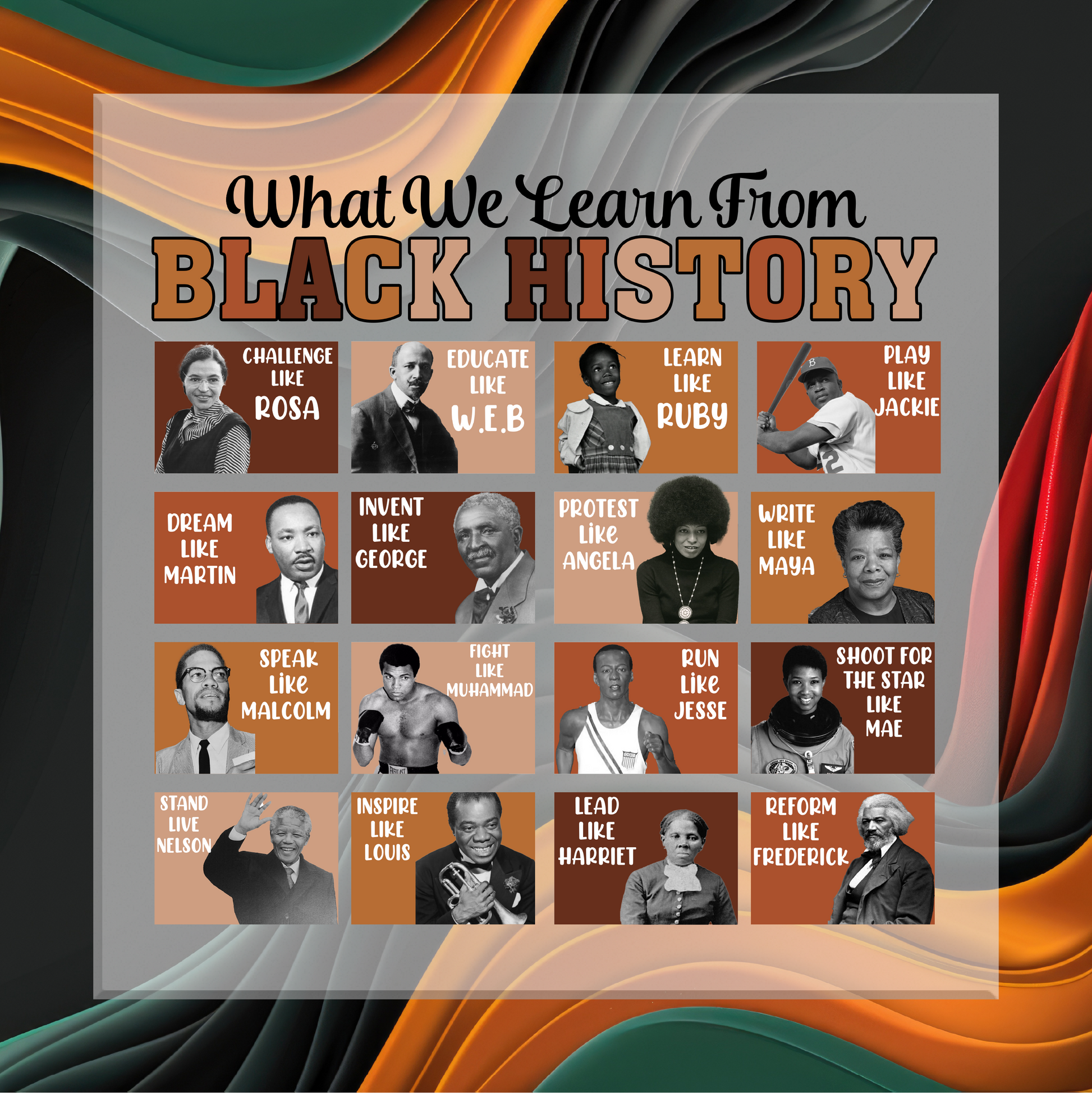 Poster titled 'What We Learn From Black History' featuring influential figures with their names.